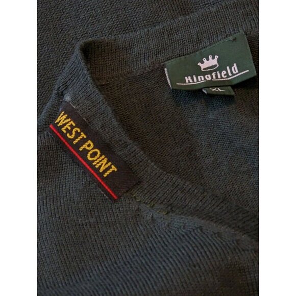 Vintage Kingfield West Point Wool Blend Sweater Mens XL Army Green Logo V Neck - Picture 4 of 6